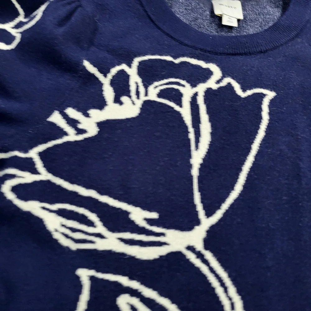 Maeve Anthropologie Maxine Puff-Sleeve Sweater Navy Blue Cream Floral Pattern XL - Picture 5 of 10